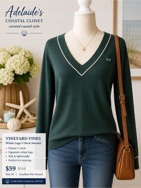 Vineyard Vines Forest Green Pima Cotton Cashmere V-Neck Sweater Medium